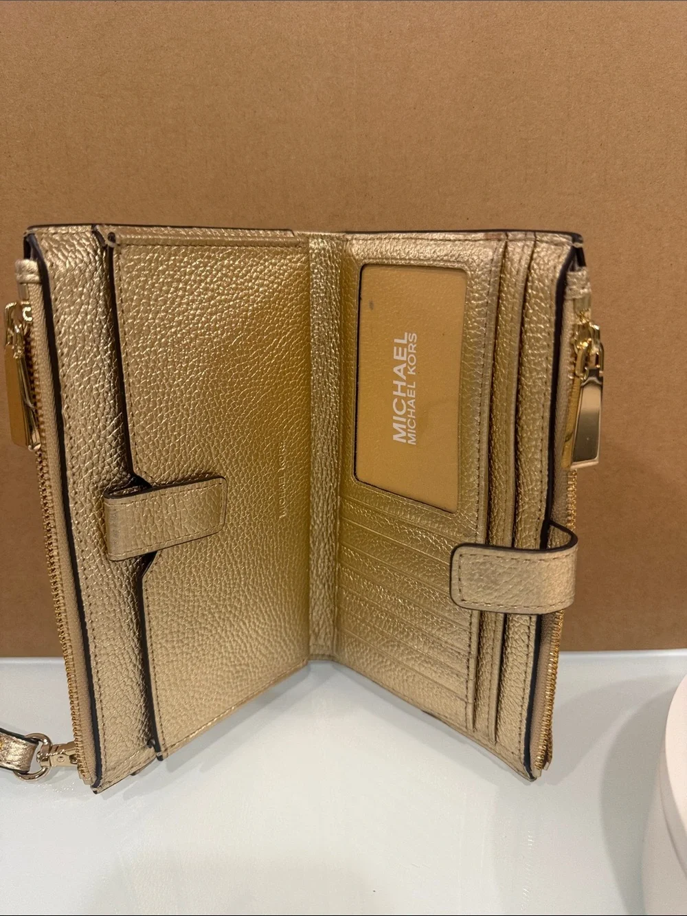 Michael Kors Metallic Gold Leather Wristlet Clutch new with tag women